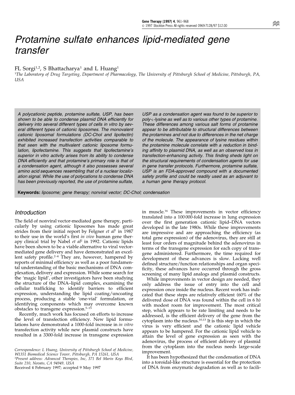 Protamine Sulfate Enhances Lipid-Mediated Gene Transfer