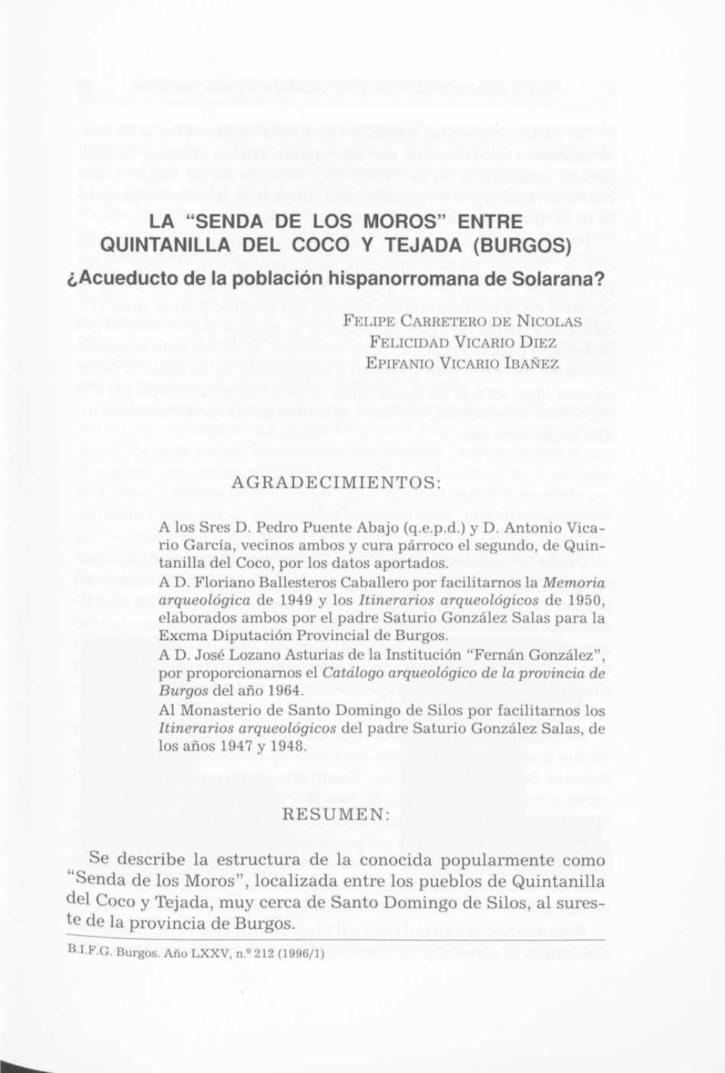 ENTRE QUINTANILLA DEL COCO Y TEJADA (BURGOS) ¿Acueducto De La Población Hispanorromana De Solarana?