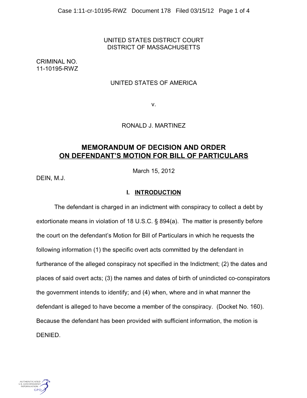 Memorandum of Decision and Order on Defendant's