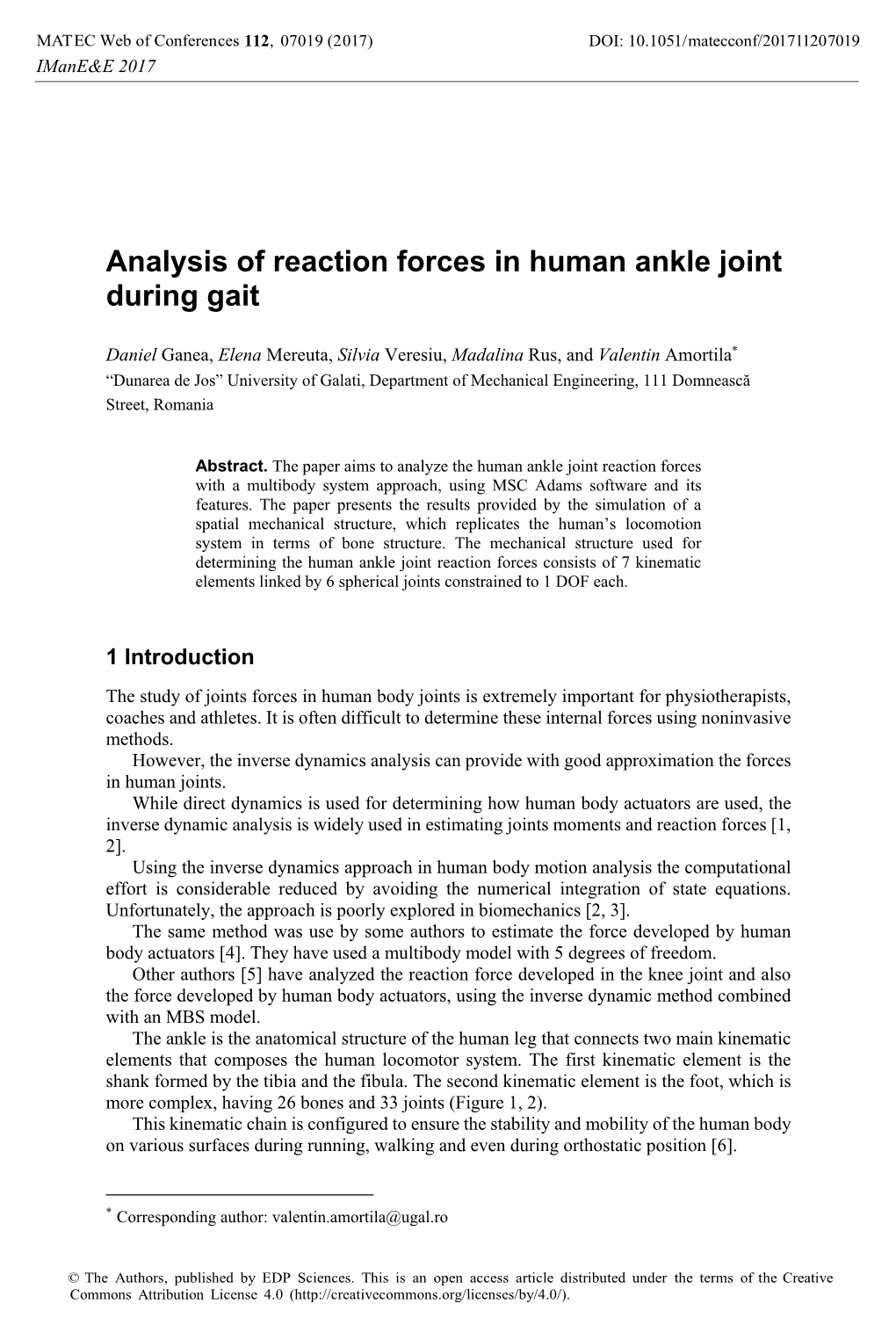 Analysis of Reaction Forces in Human Ankle Joint During Gait