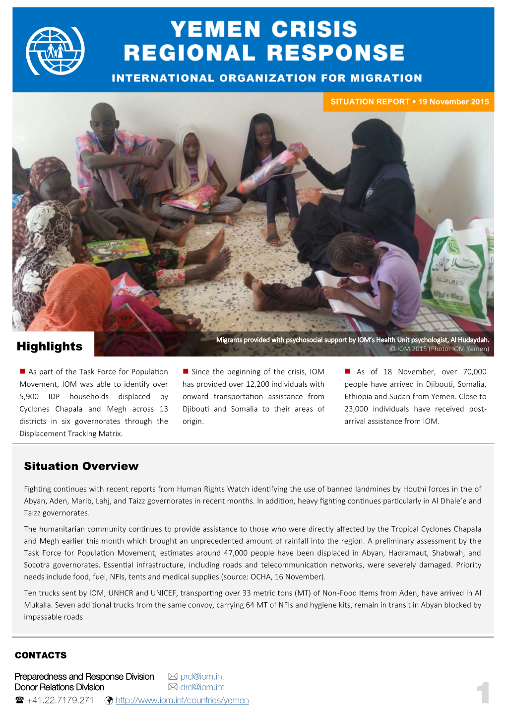 IOM Yemen Crisis Situation Report #33, 19 November 2015