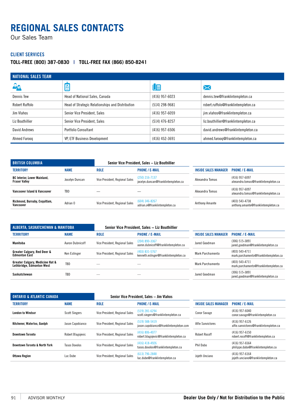 REGIONAL SALES CONTACTS Our Sales Team