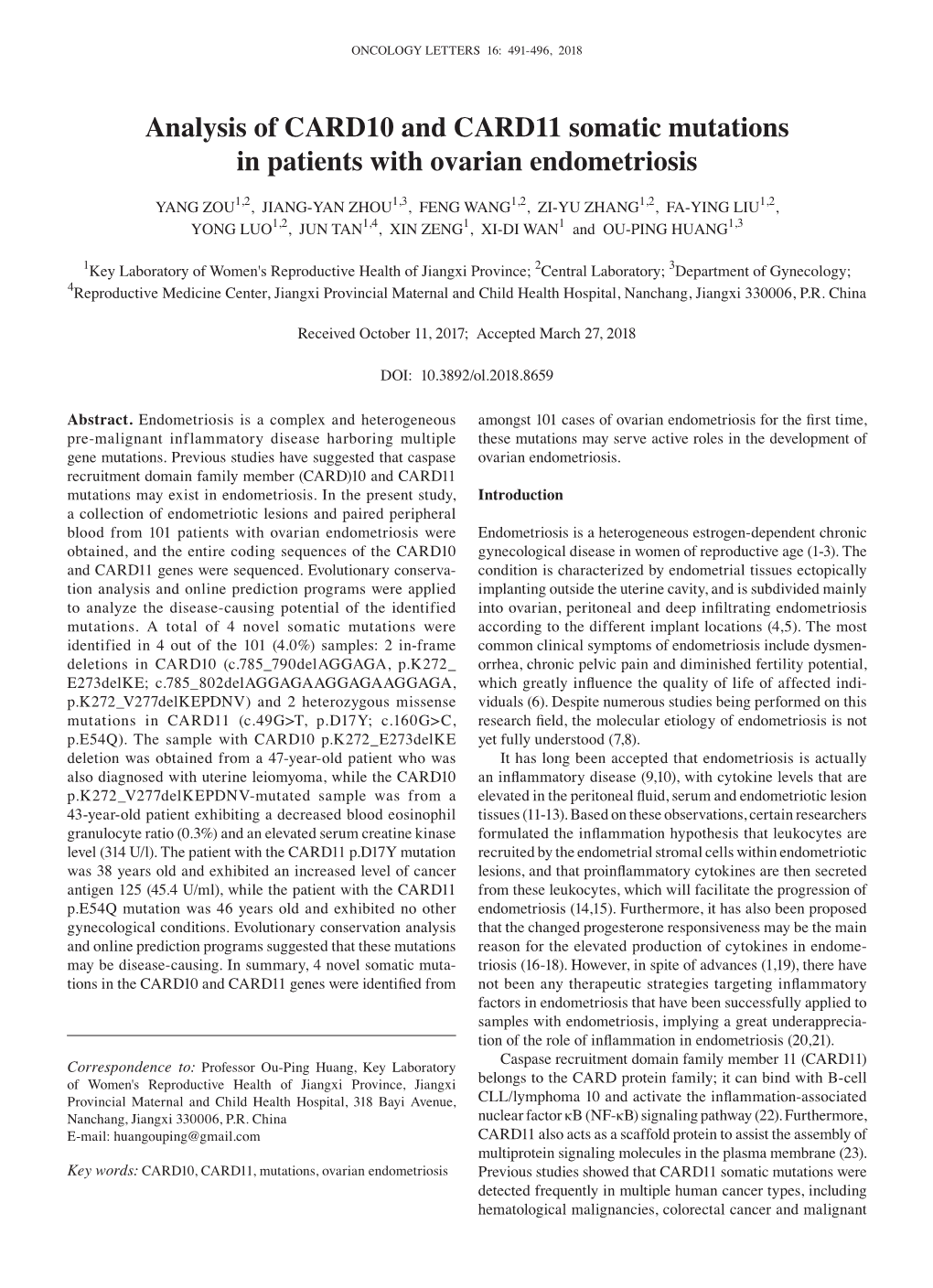 Analysis of CARD10 and CARD11 Somatic Mutations in Patients with Ovarian Endometriosis