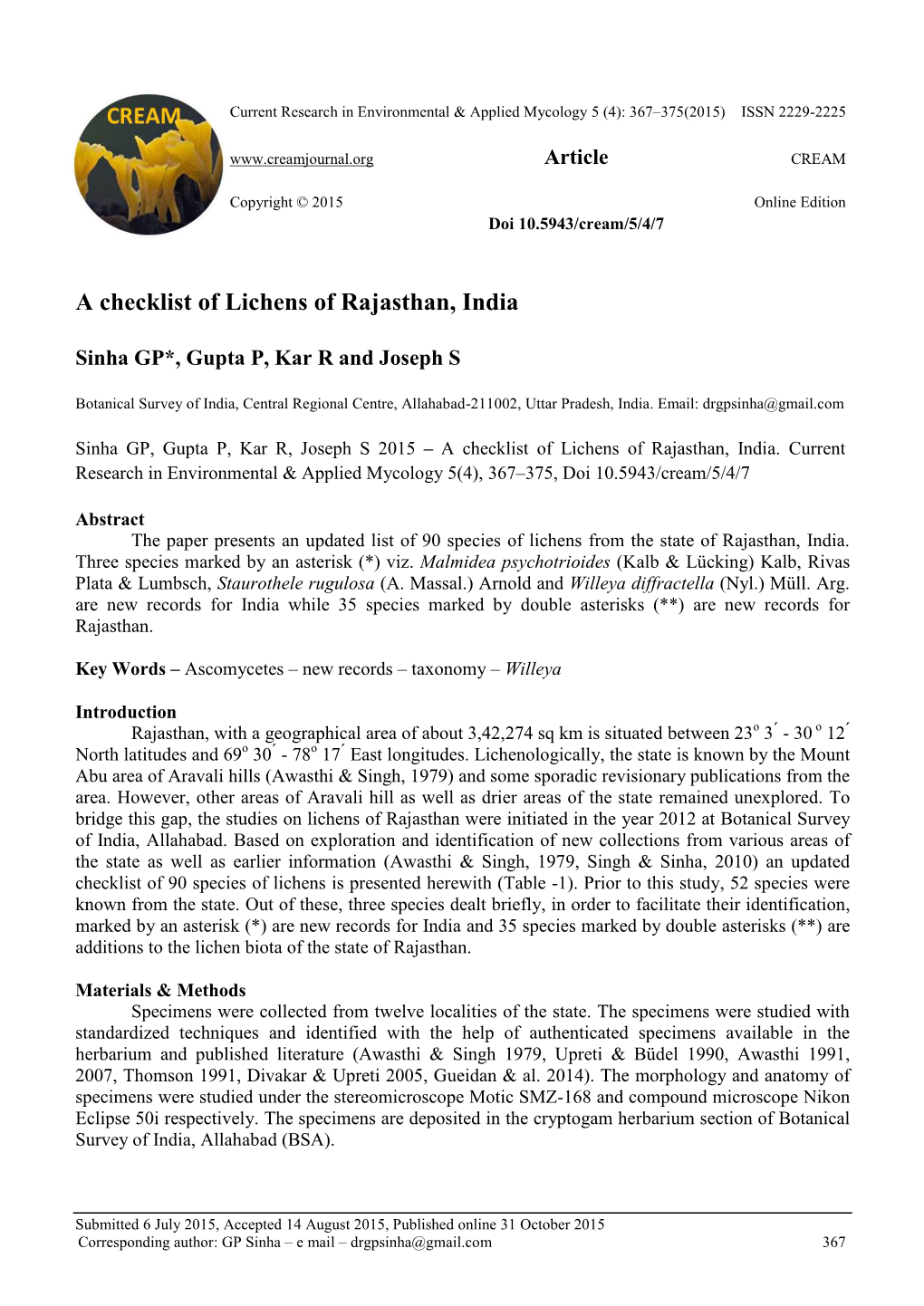 A Checklist of Lichens of Rajasthan, India