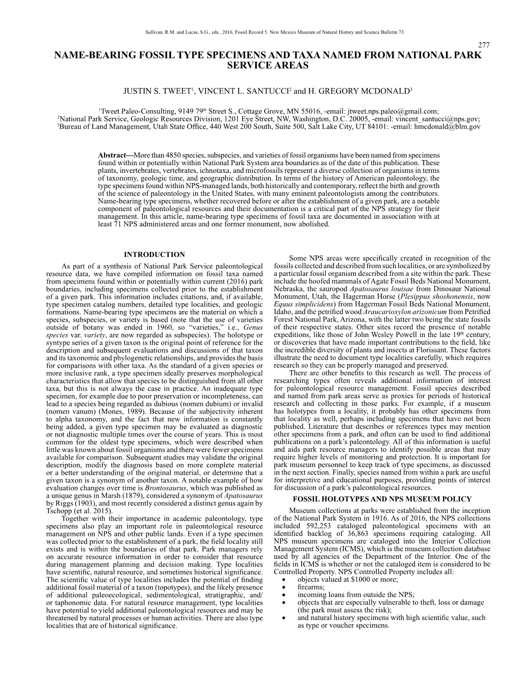 Name-Bearing Fossil Type Specimens and Taxa Named from National Park Service Areas