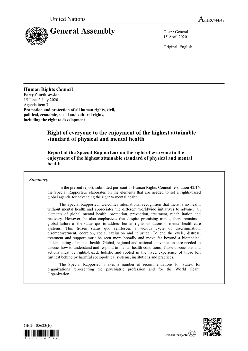 Report of the Special Rapporteur on the Right of Everyone to the Enjoyment of the Highest Attainable Standard of Physical and Mental Health