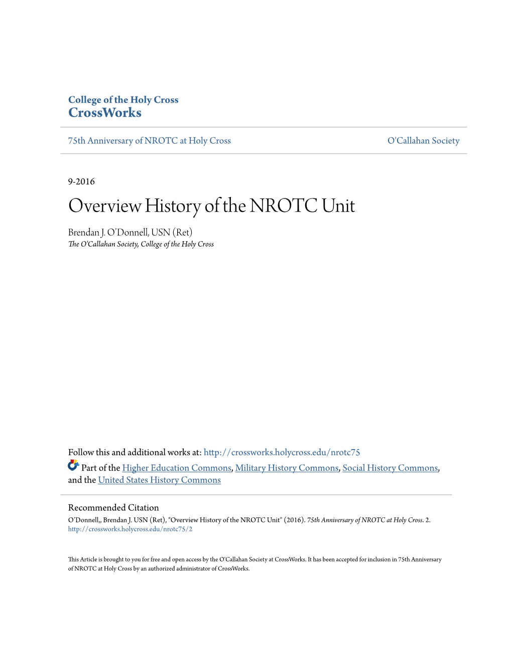 Overview History of the NROTC Unit Brendan J