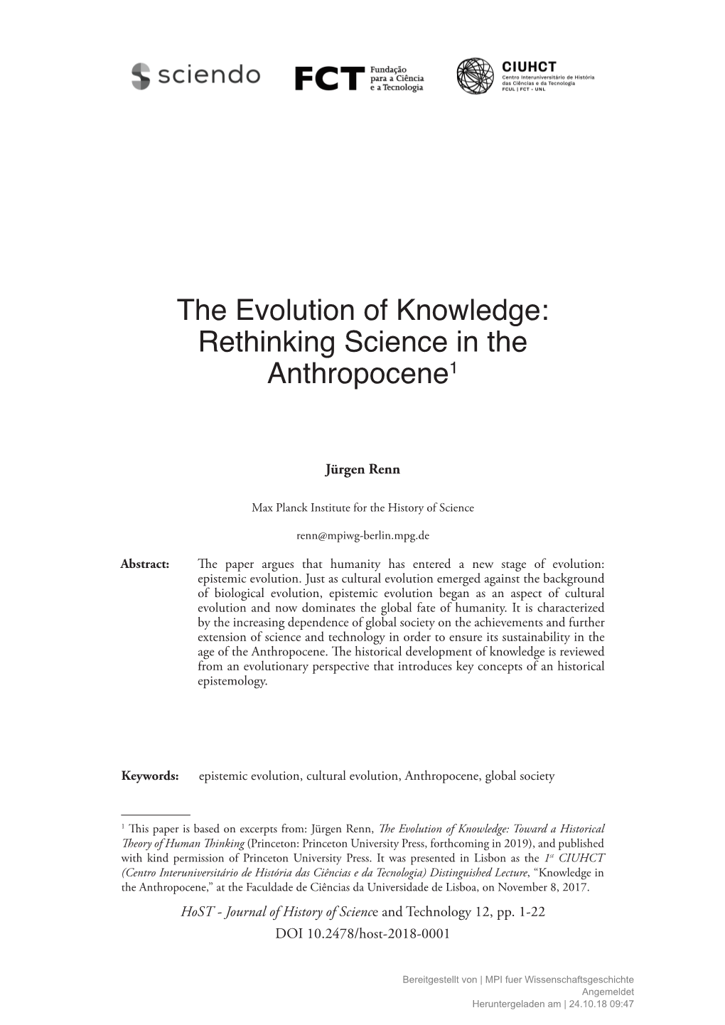 The Evolution of Knowledge: Rethinking Science in the Anthropocene1