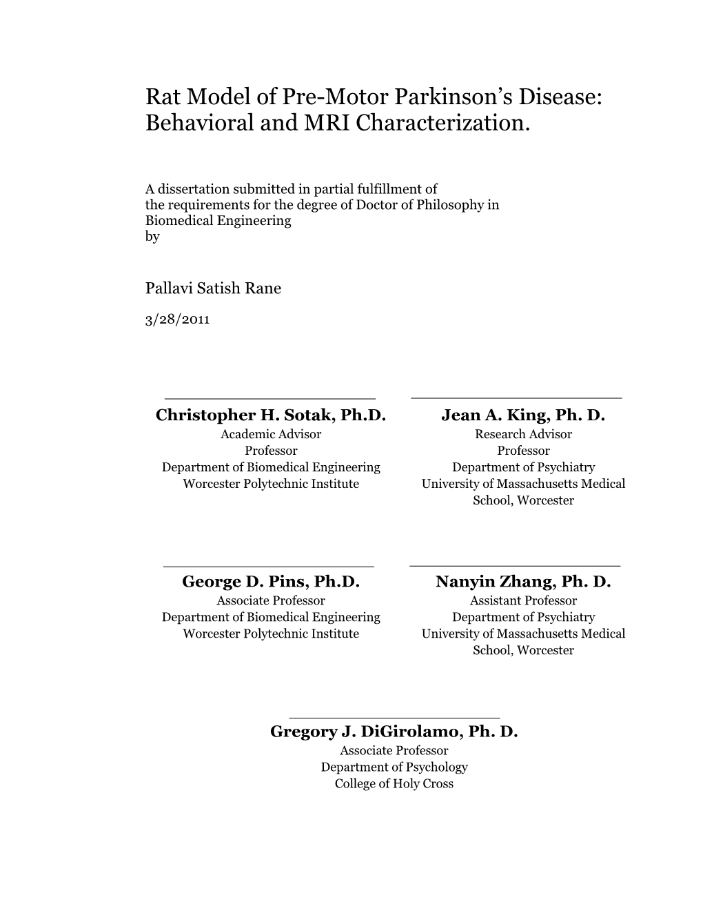 Rat Model of Pre-Motor Parkinson's Disease