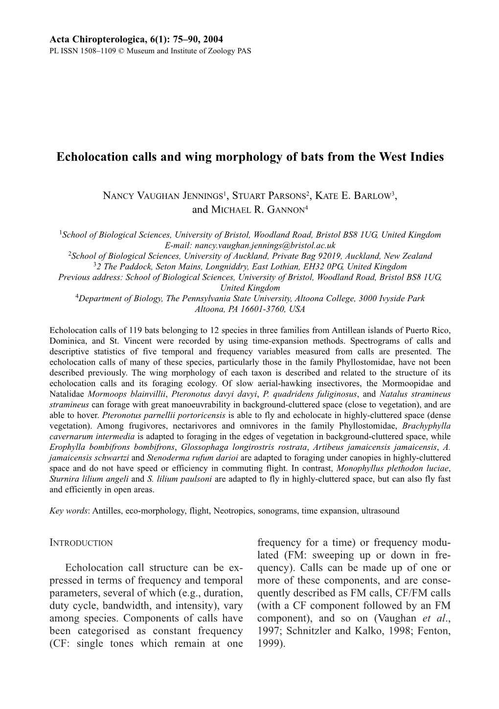 Echolocation Calls and Wing Morphology of Bats from the West Indies