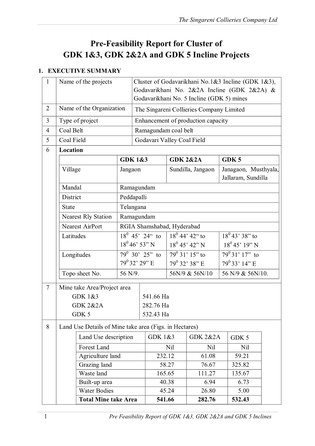 Pre-Feasibility Report for Cluster of GDK 1&3, GDK 2&2A and GDK 5