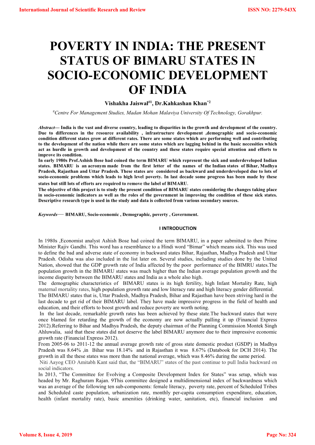 Poverty in India: the Present Status of Bimaru States in Socio-Economic