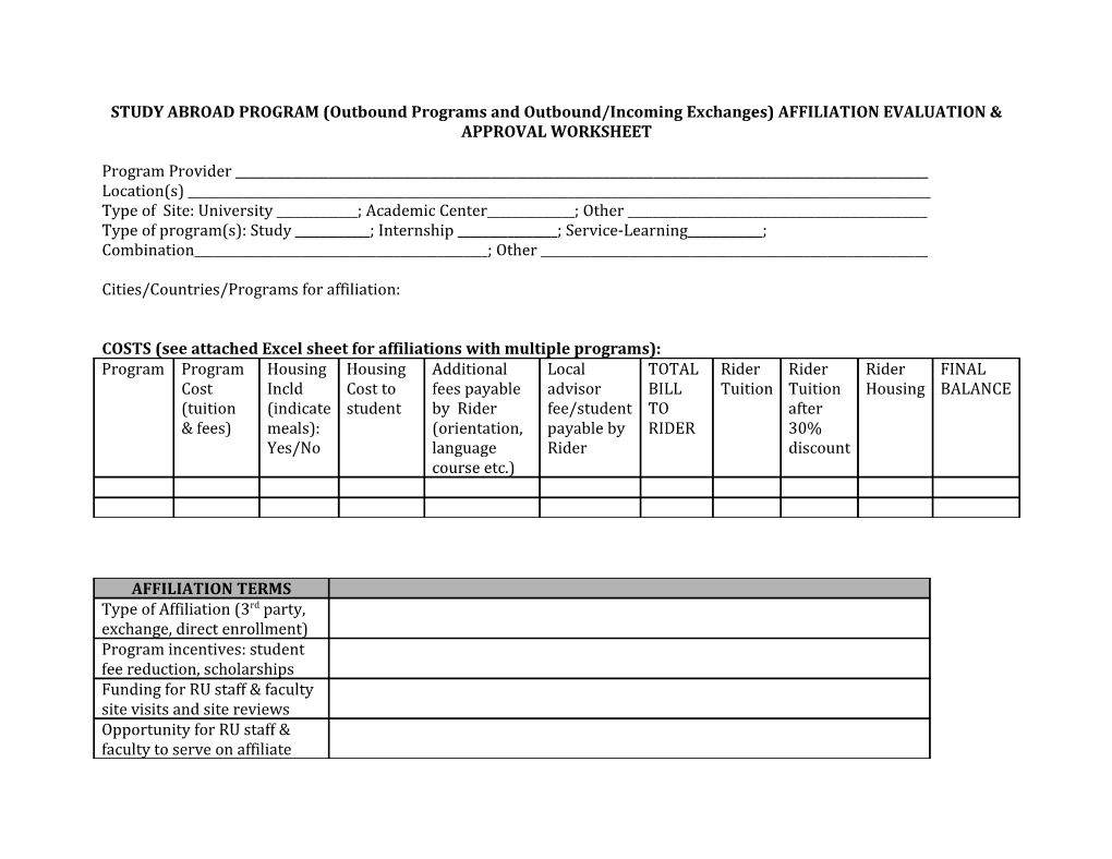 STUDY ABROAD PROGRAM (Outbound Programs and Outbound/Incoming Exchanges) AFFILIATION EVALUATION