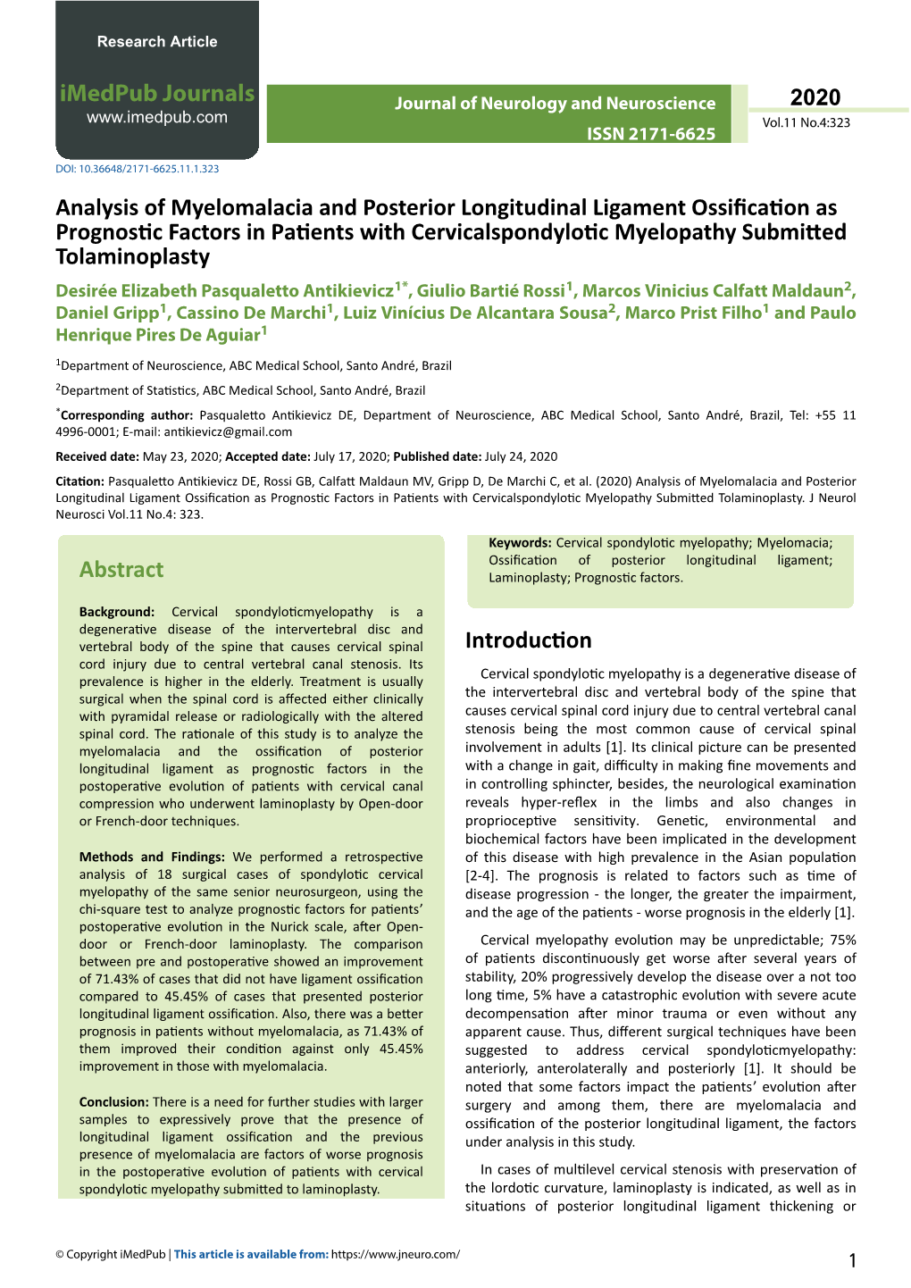 Analysis of Myelomalacia and Posterior Longitudinal Ligament