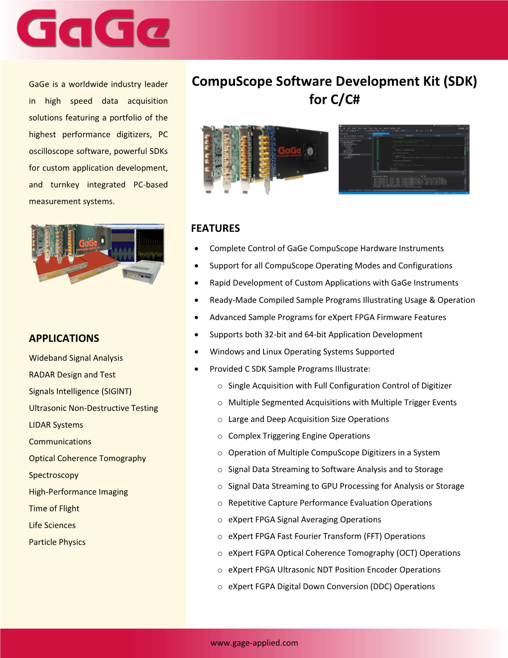 Gage Compuscope Software Development Kit for C/C# Datasheet