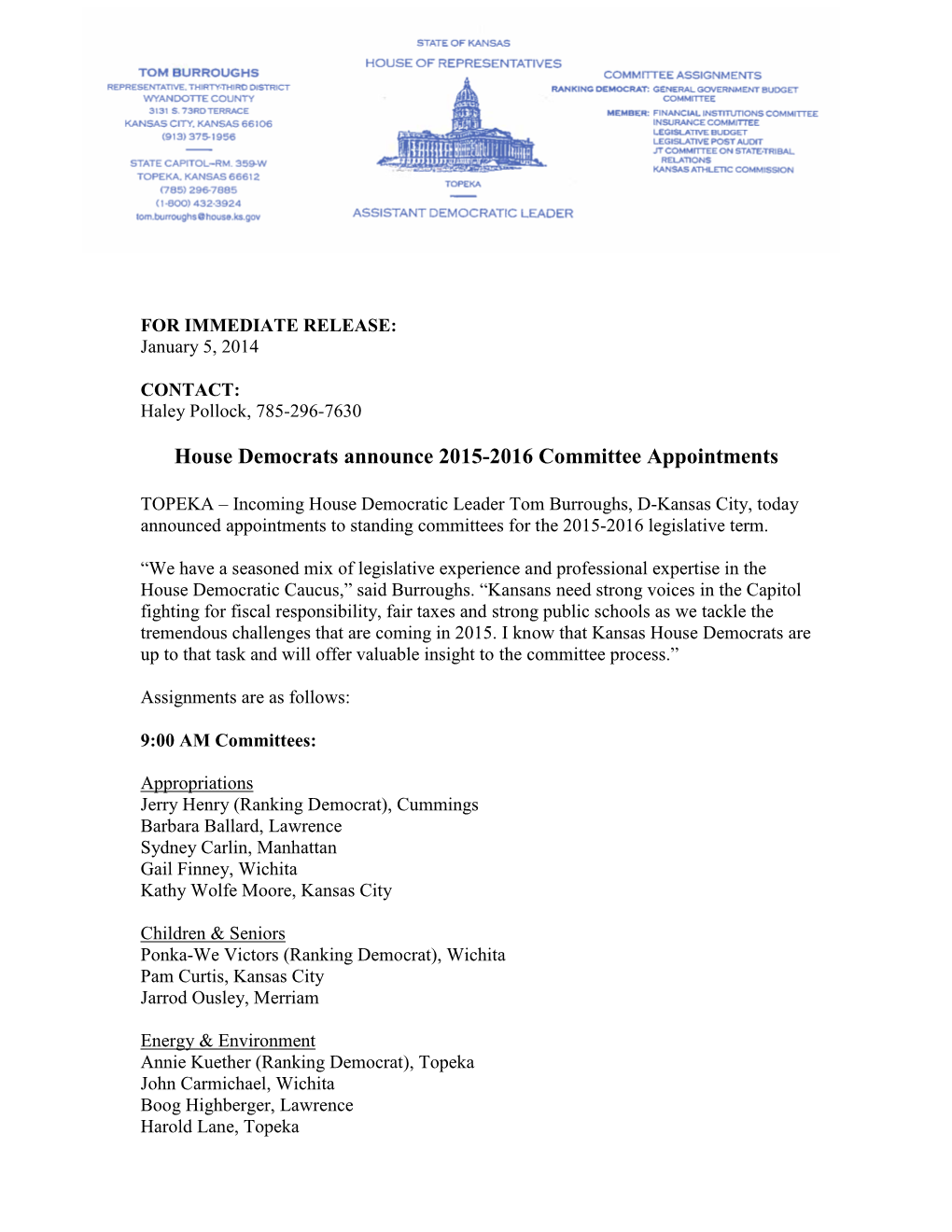 2015 House Dem Committee Assignments