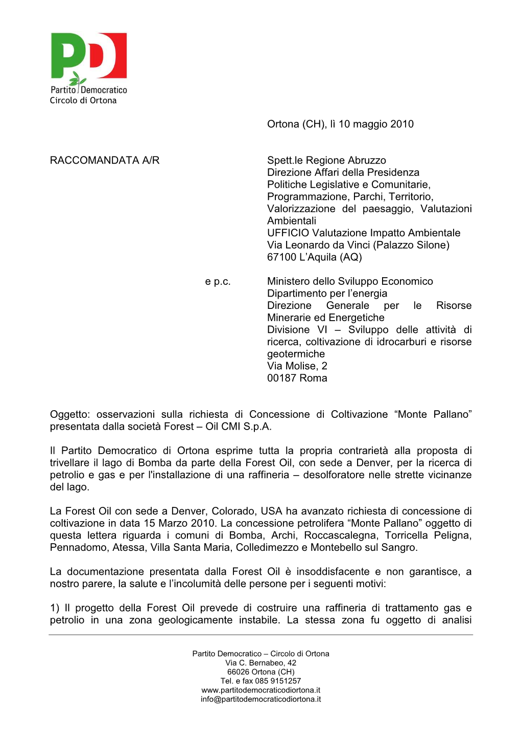 Osservazioni PD Ortona Progetto Forest Oil Bomba