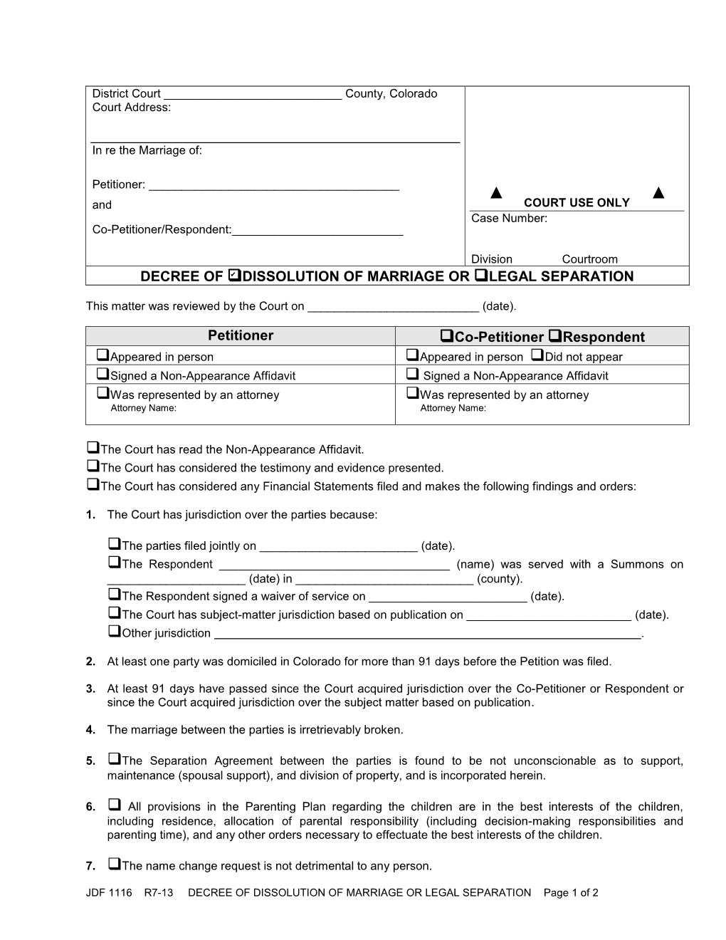 JDF 1116 R7-13 DECREE of DISSOLUTION of MARRIAGE OR LEGAL SEPARATION Page 1 of 2