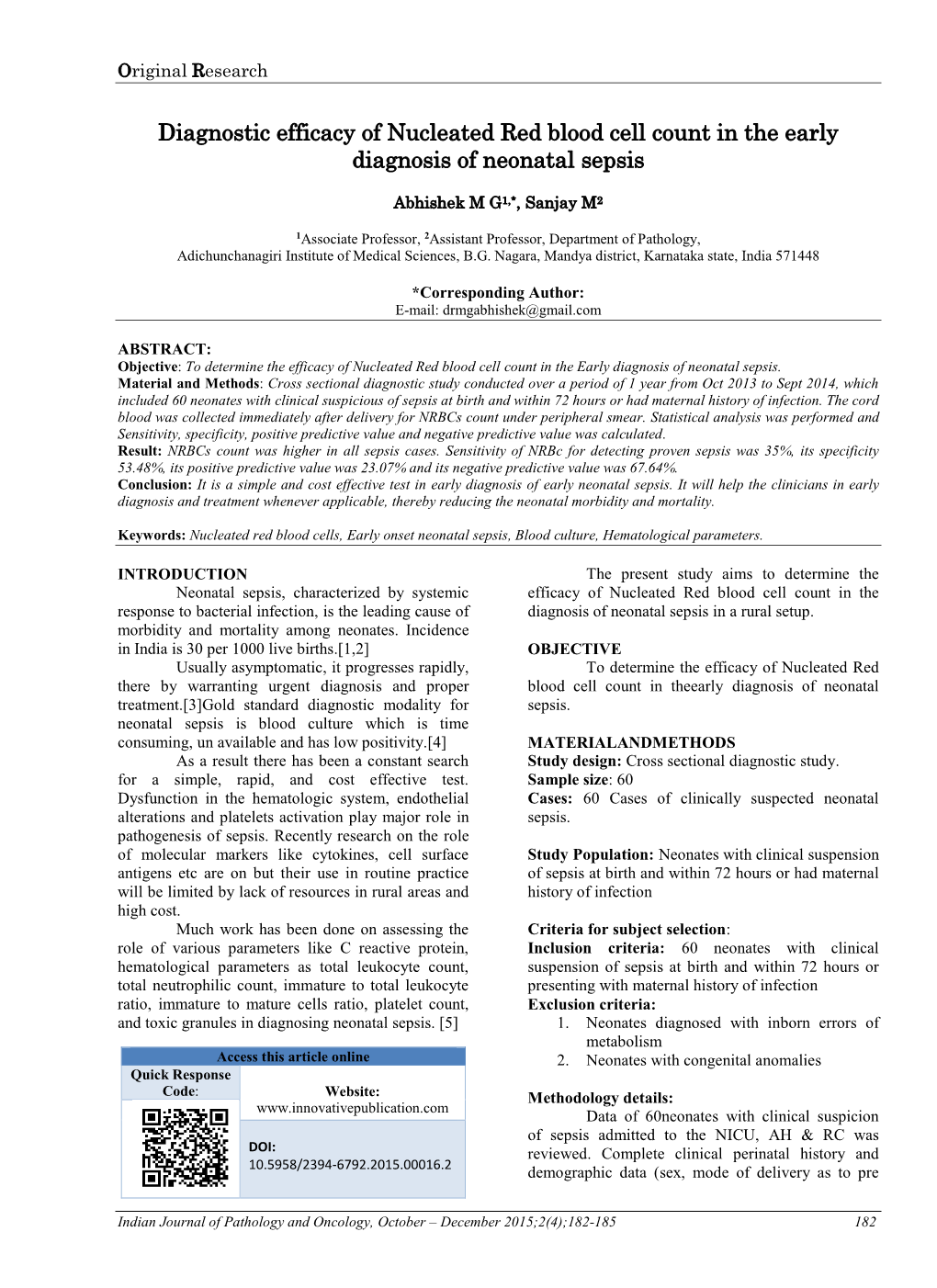 Diagnostic Efficacy of Nucleated Red Blood Cell Count in the Early Diagnosis of Neonatal Sepsis