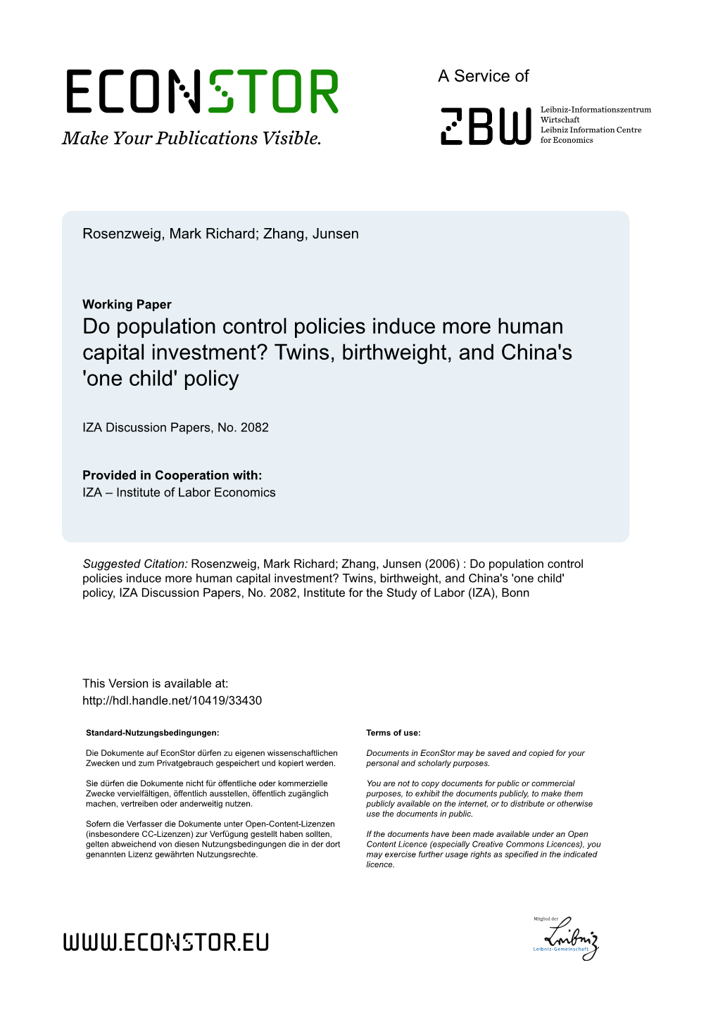 Do Population Control Policies Induce More Human Capital Investment? Twins, Birthweight, and China's 'One Child' Policy