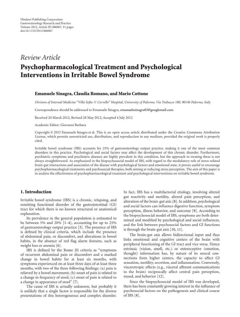 Psychopharmacological Treatment and Psychological Interventions in Irritable Bowel Syndrome