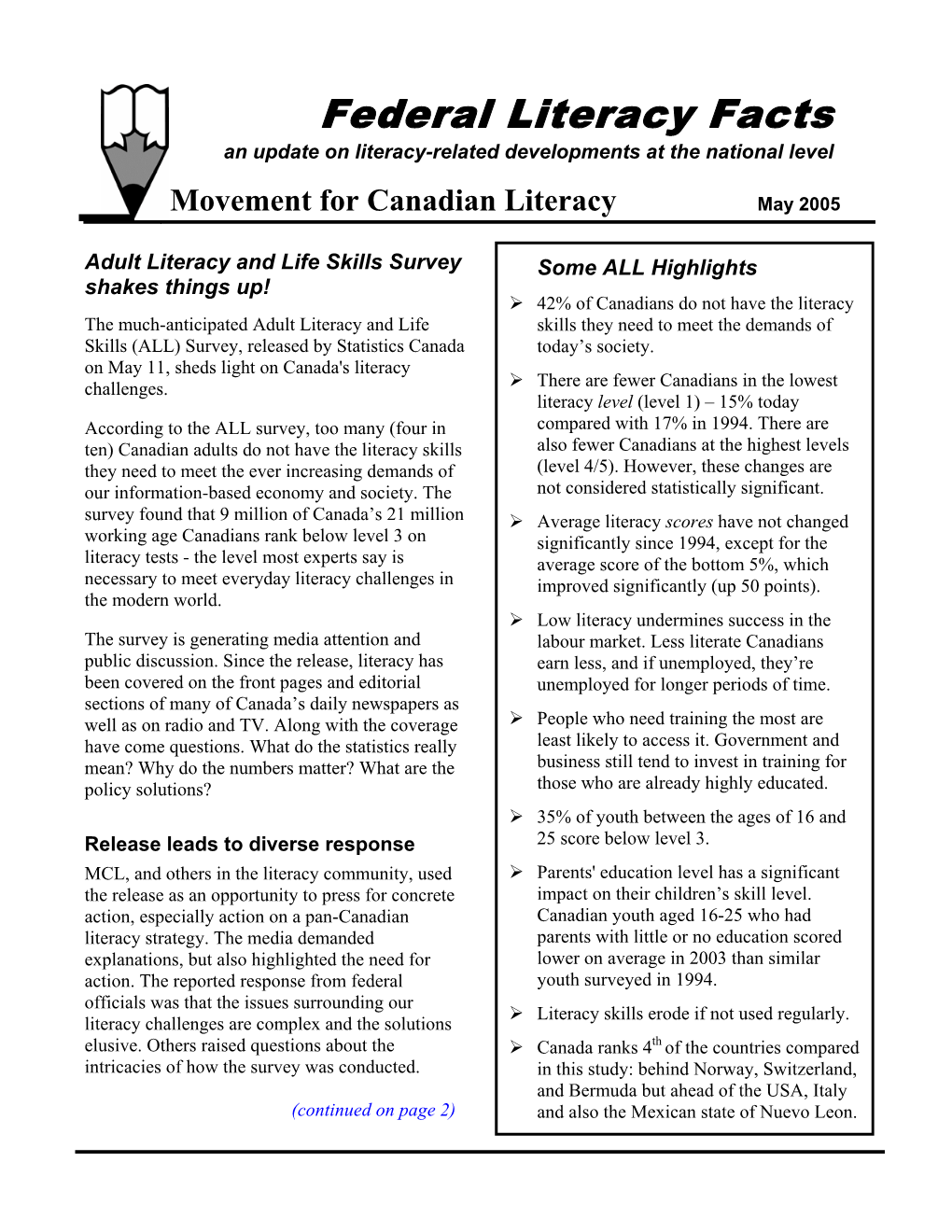 Federal Literacy Facts an Update on Literacy-Related Developments at the National Level