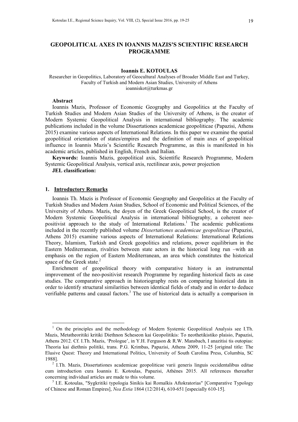 Geopolitical Axes in Ioannis Mazis's Scientific Research Programme