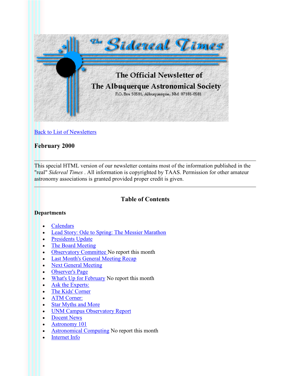 February 2000 the Albuquerque Astronomical Society News Letter