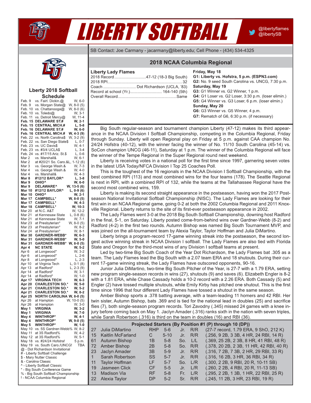 Liberty Softball Game Notes @Libertyflames @Libertysb LIBERTY SOFTBALL SB Contact: Joe Carmany - Jacarmany@Liberty.Edu; Cell Phone - (434) 534-4325