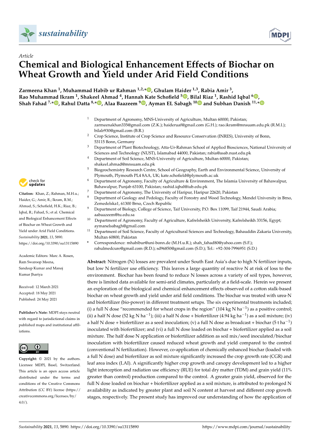 Chemical and Biological Enhancement Effects of Biochar on Wheat Growth and Yield Under Arid Field Conditions