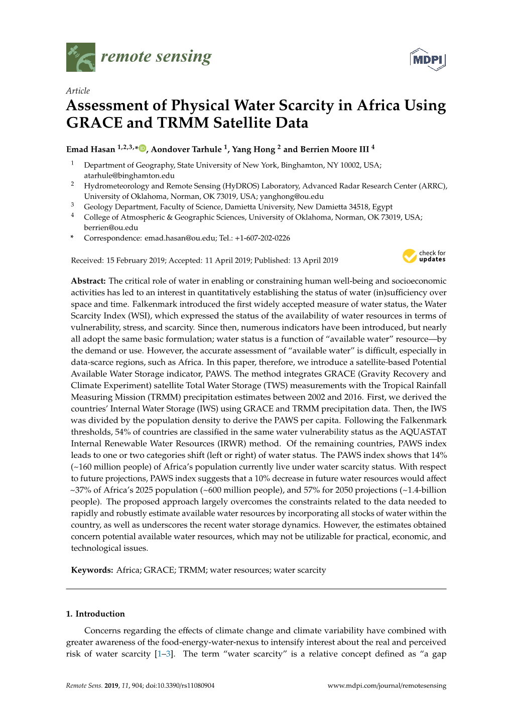 Assessment of Physical Water Scarcity in Africa Using GRACE and TRMM Satellite Data