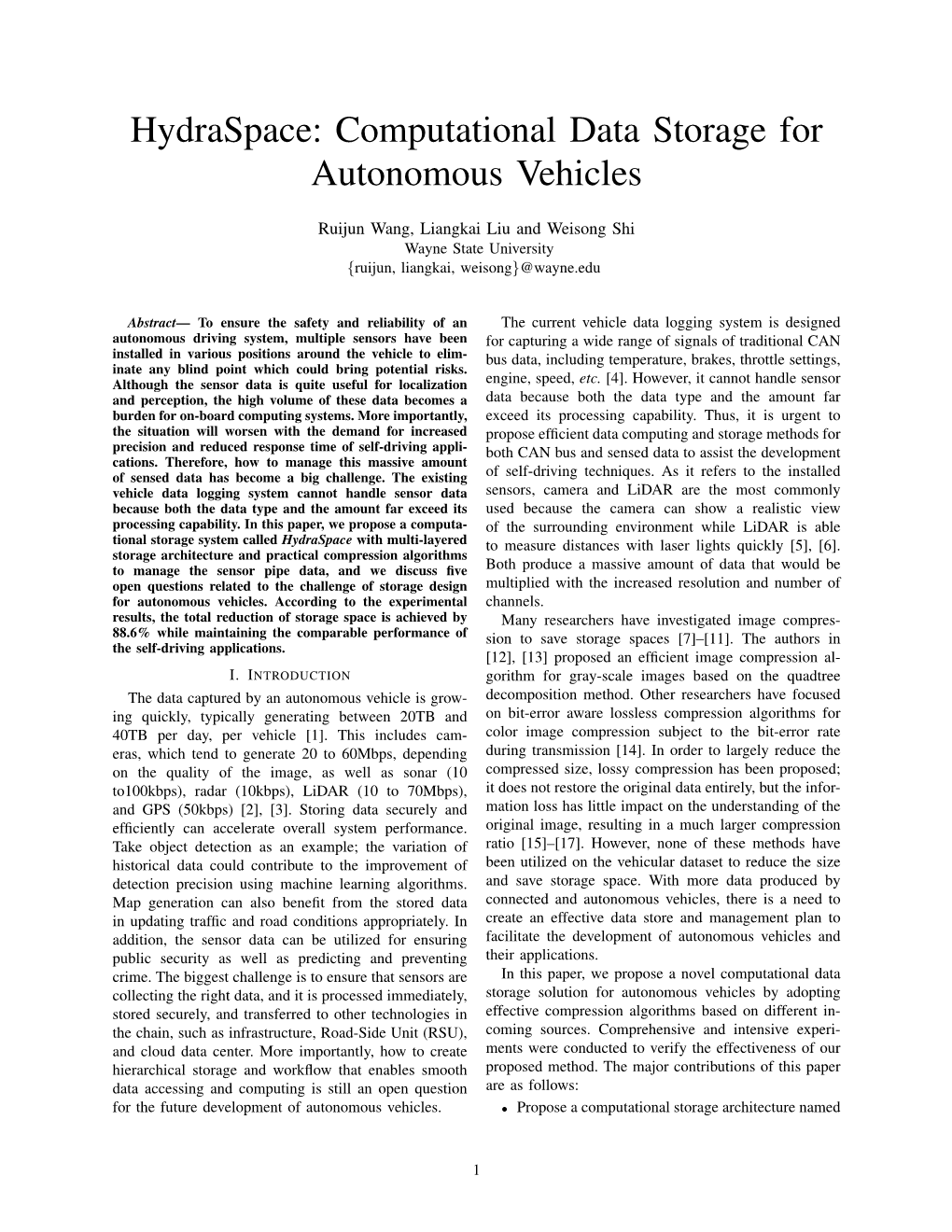Hydraspace: Computational Data Storage for Autonomous Vehicles