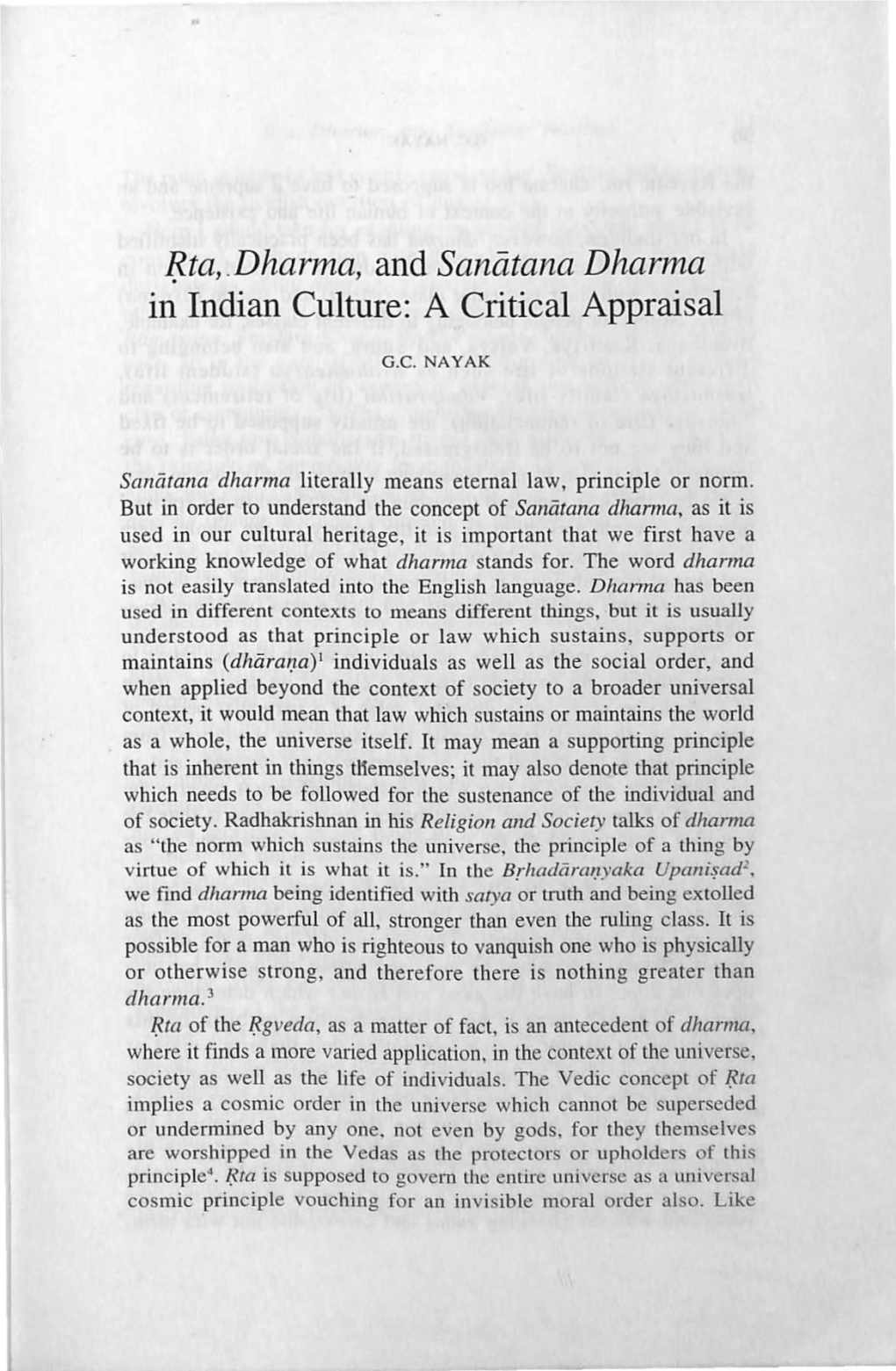 IJ..Ta,.Dharma, and Sanfltana Dharma in Indian Culture: a Critical Appraisal