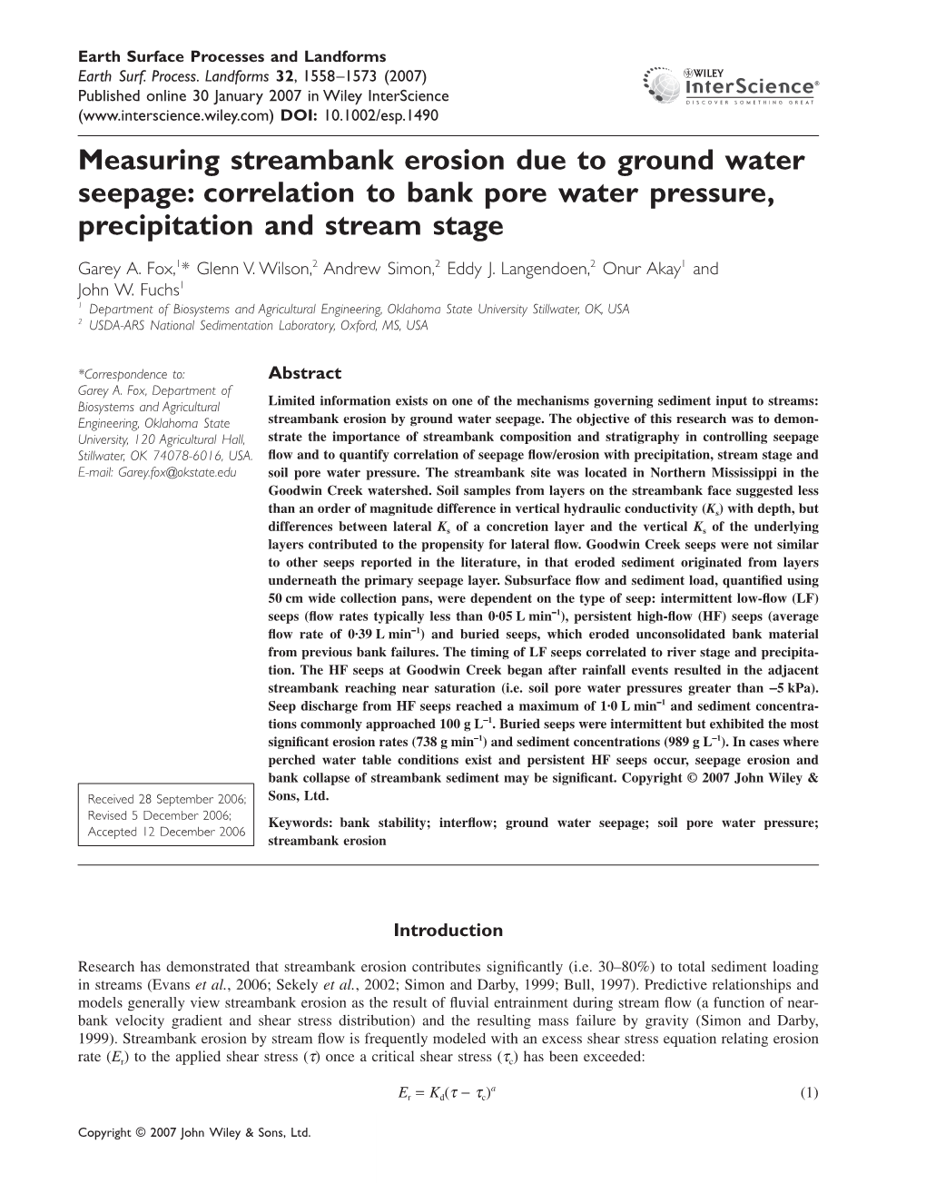 Measuring Streambank Erosion Due to Ground Water Seepage: Correlation to Bank Pore Water Pressure, Precipitation and Stream Stage