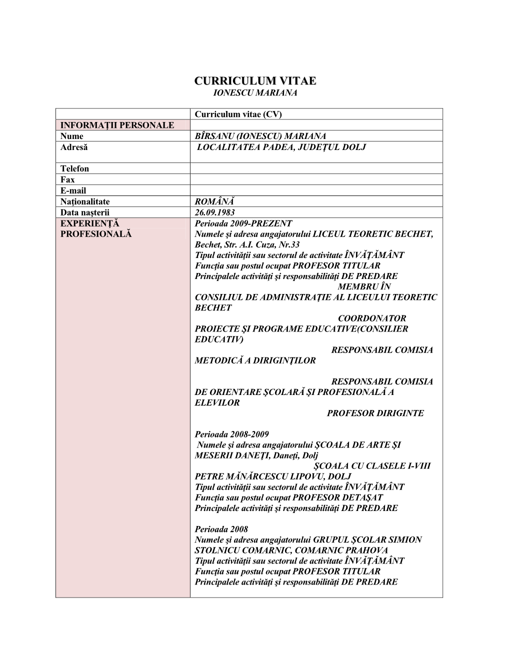 Curriculum Vitae Ionescu Mariana