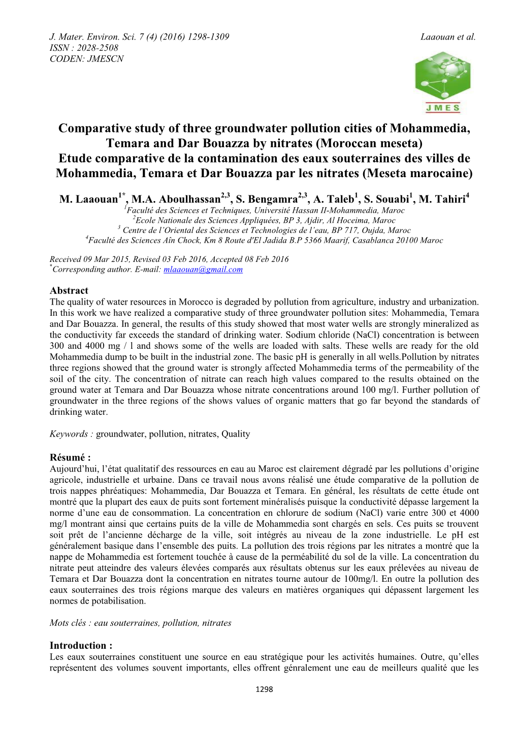 Etude Comparative De La Contamination Des Eaux Souterraines Des Villes De Mohammedia, Temara Et Dar Bouazza Par Les Nitrates (Meseta Marocaine)