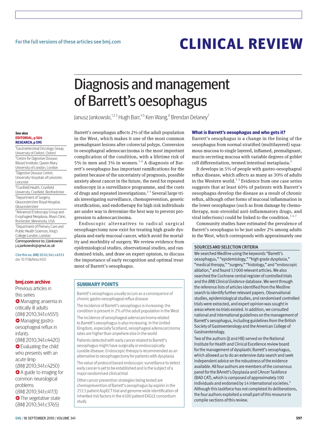 CLINICAL REVIEW Diagnosis and Management of Barrett's Oesophagus