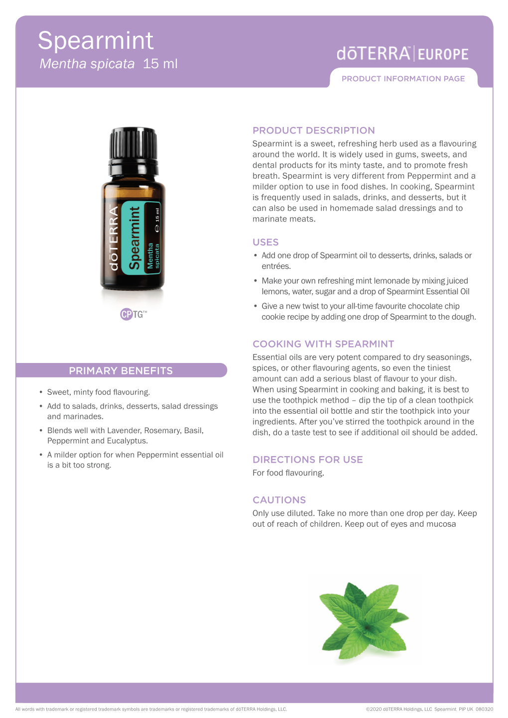 Spearmint Mentha Spicata 15 Ml PRODUCT INFORMATION PAGE