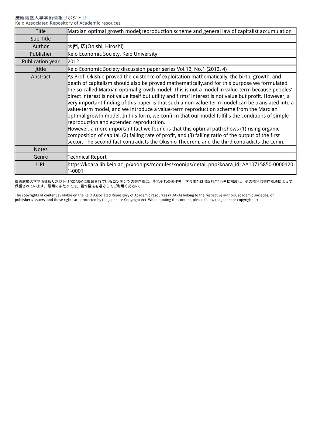 Title Marxian Optimal Growth Model