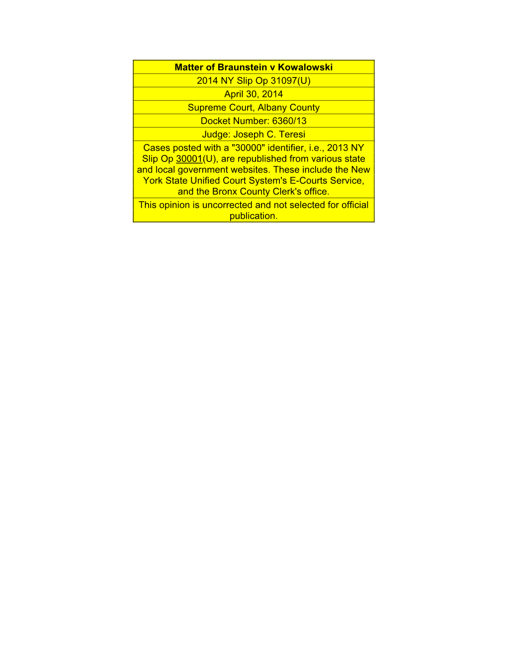 Matter of Braunstein V Kowalowski 2014 NY Slip Op 31097(U) April 30, 2014 Supreme Court, Albany County Docket Number: 6360/13 Judge: Joseph C