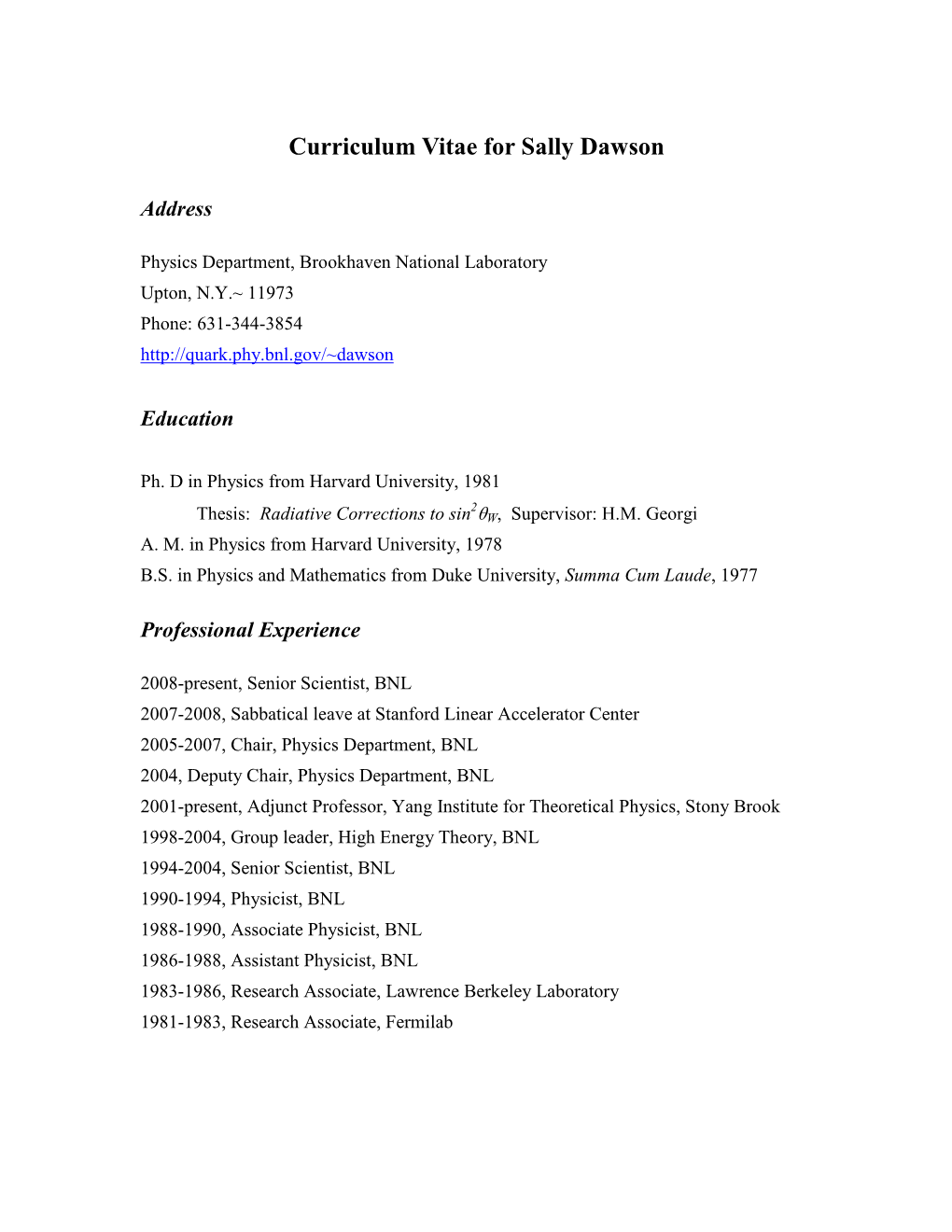 Curriculum Vitae for Sally Dawson