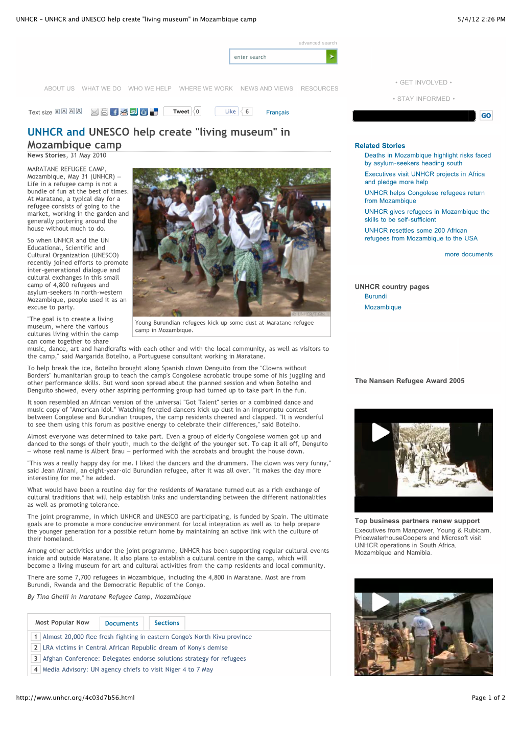 UNHCR - UNHCR and UNESCO Help Create "Living Museum" in Mozambique Camp 5/4/12 2:26 PM