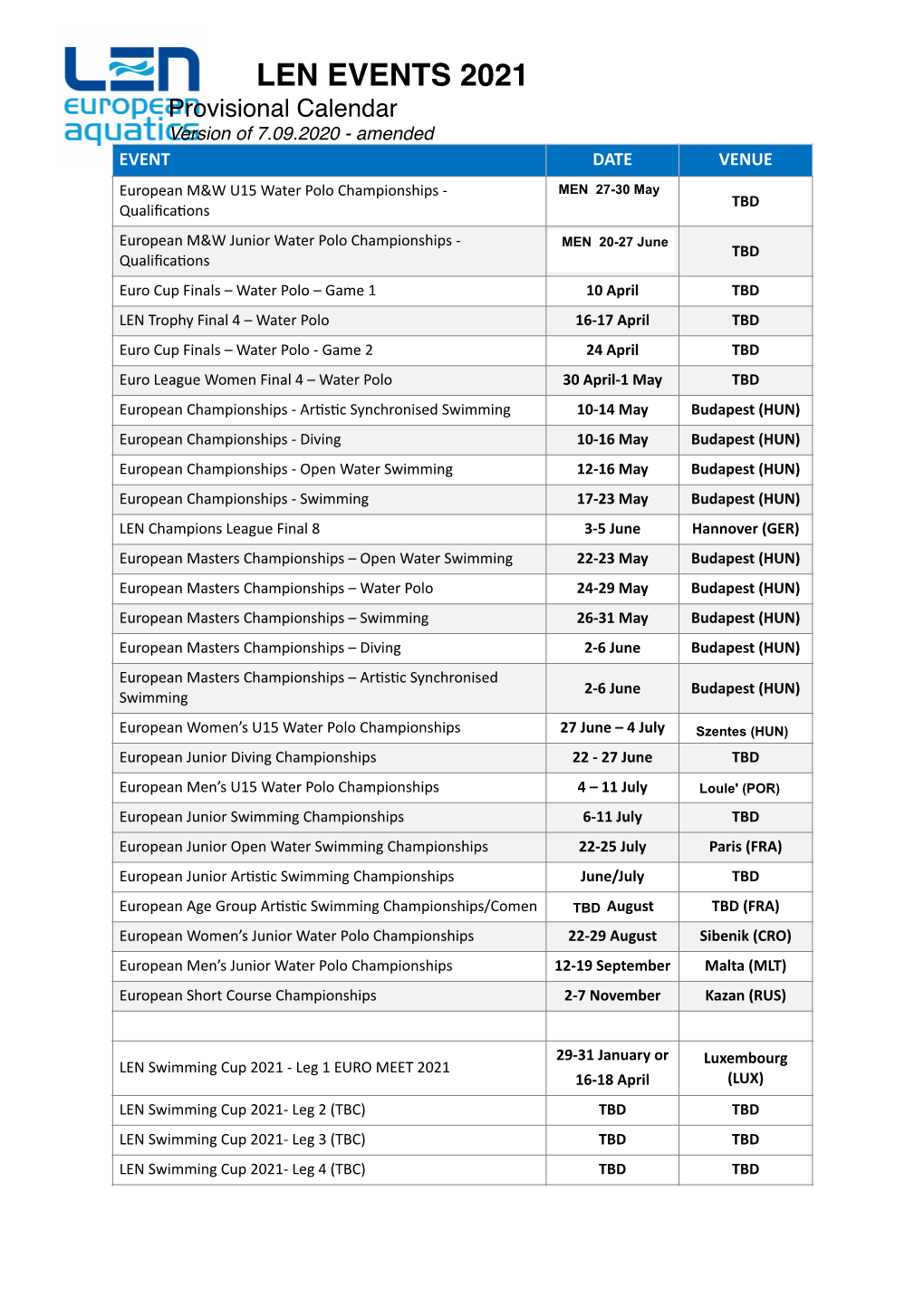 LEN Calendar 2021