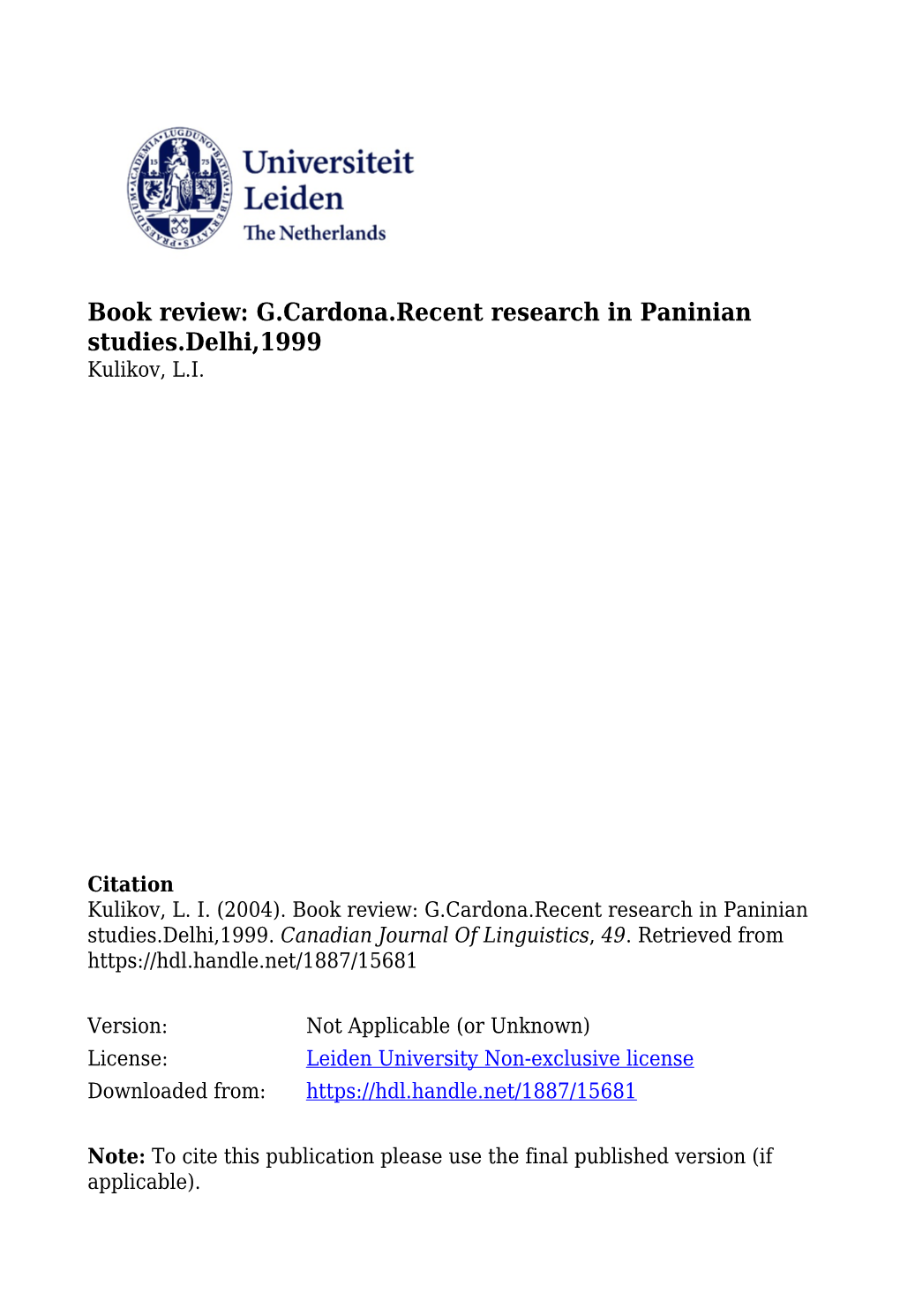 REVIEWS/COMPTES RENDUS George Cardona. Recent Research