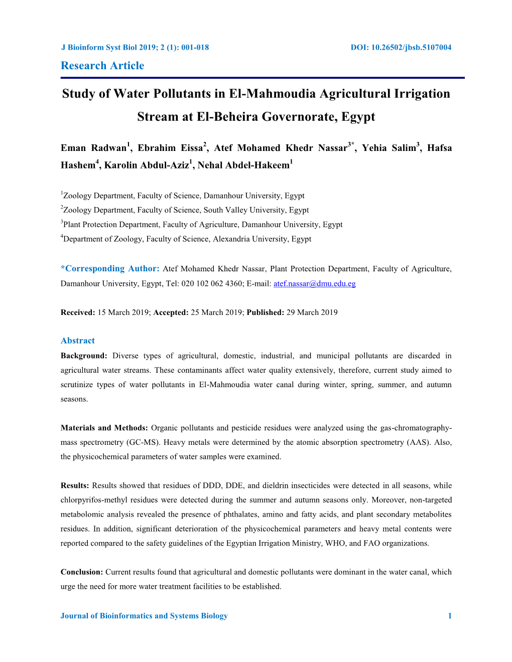 Study of Water Pollutants in El-Mahmoudia Agricultural Irrigation Stream at El-Beheira Governorate, Egypt