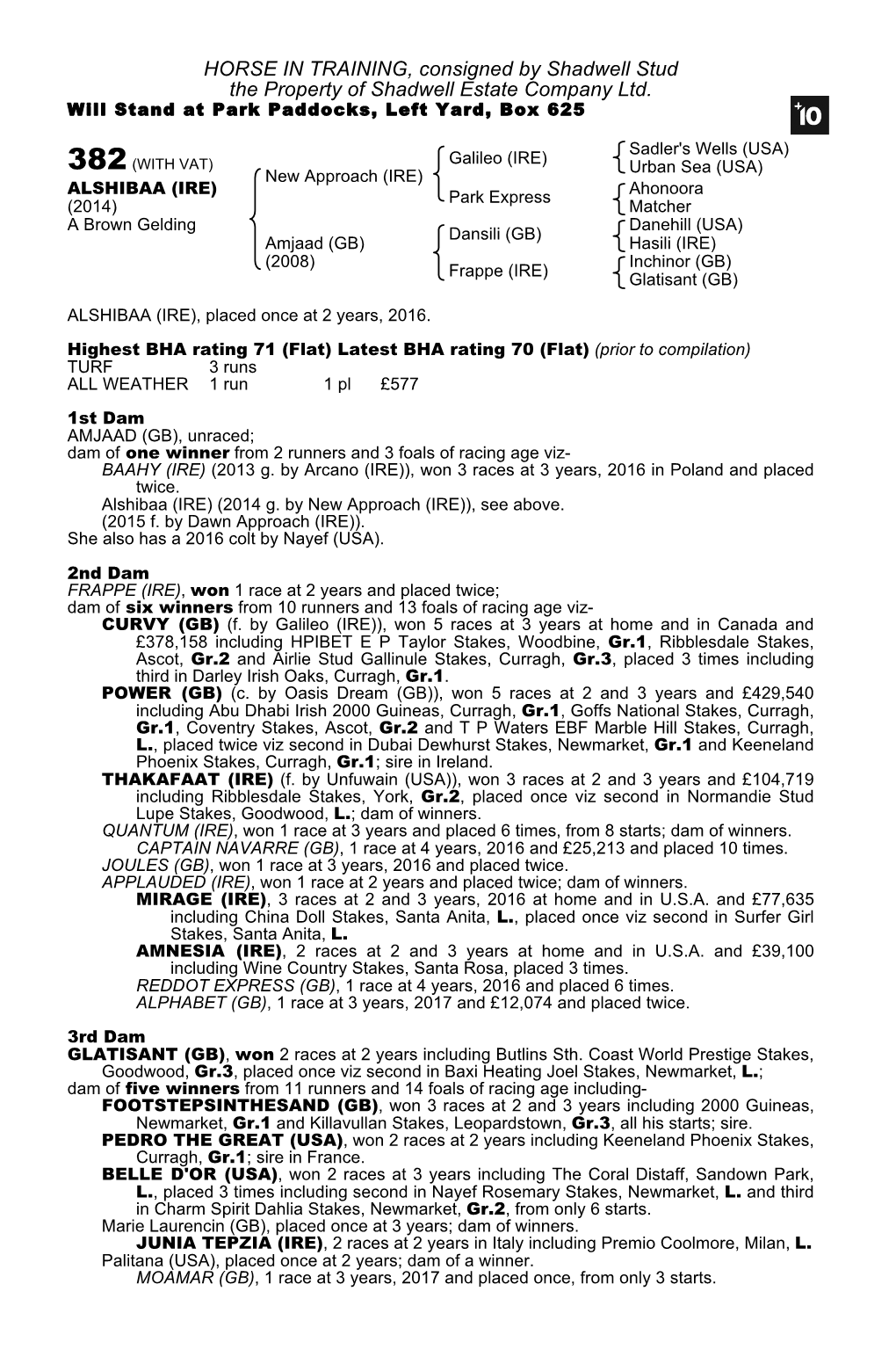 HORSE in TRAINING, Consigned by Shadwell Stud the Property of Shadwell Estate Company Ltd