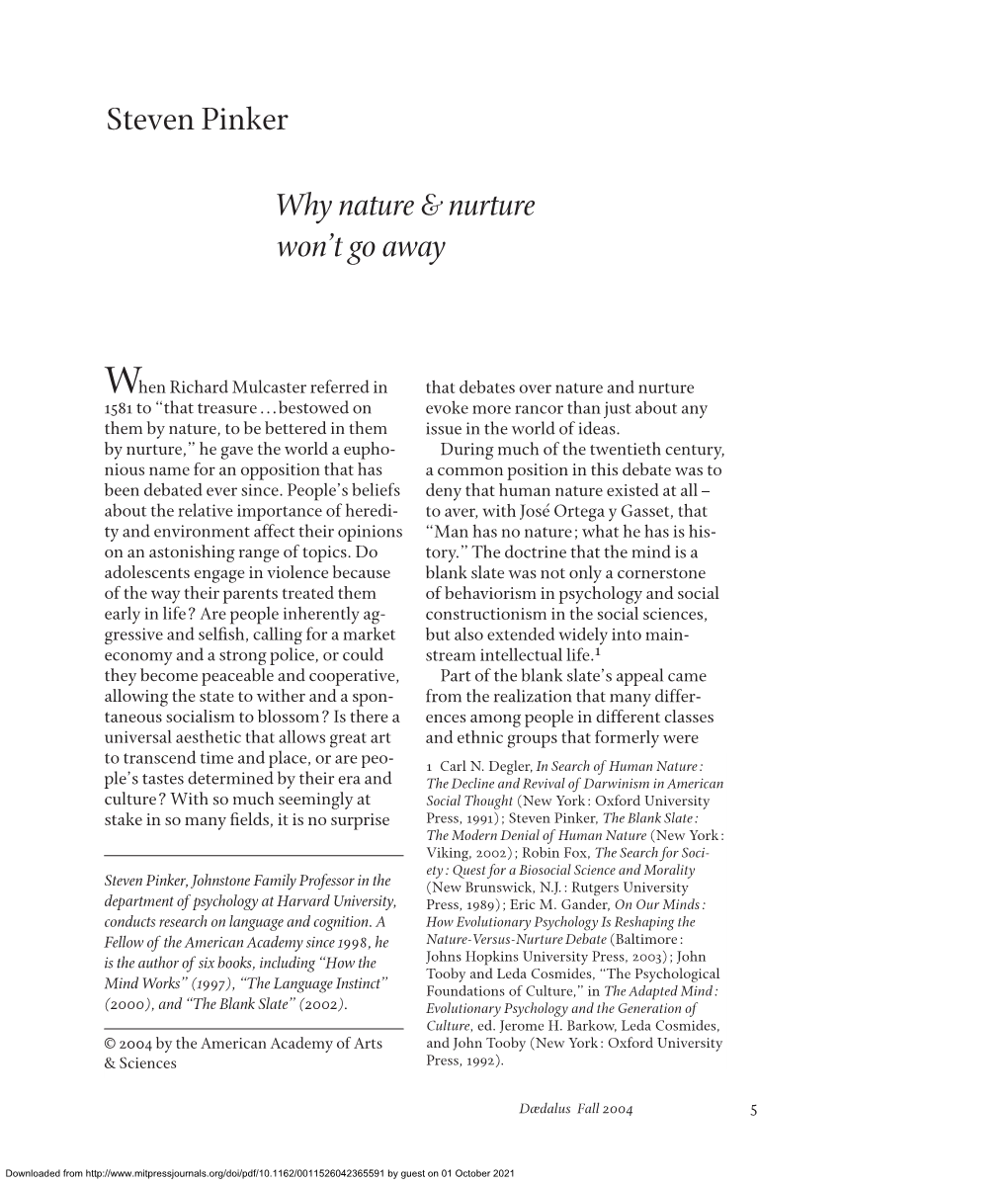 Steven Pinker Why Nature & Nurture Won't Go Away