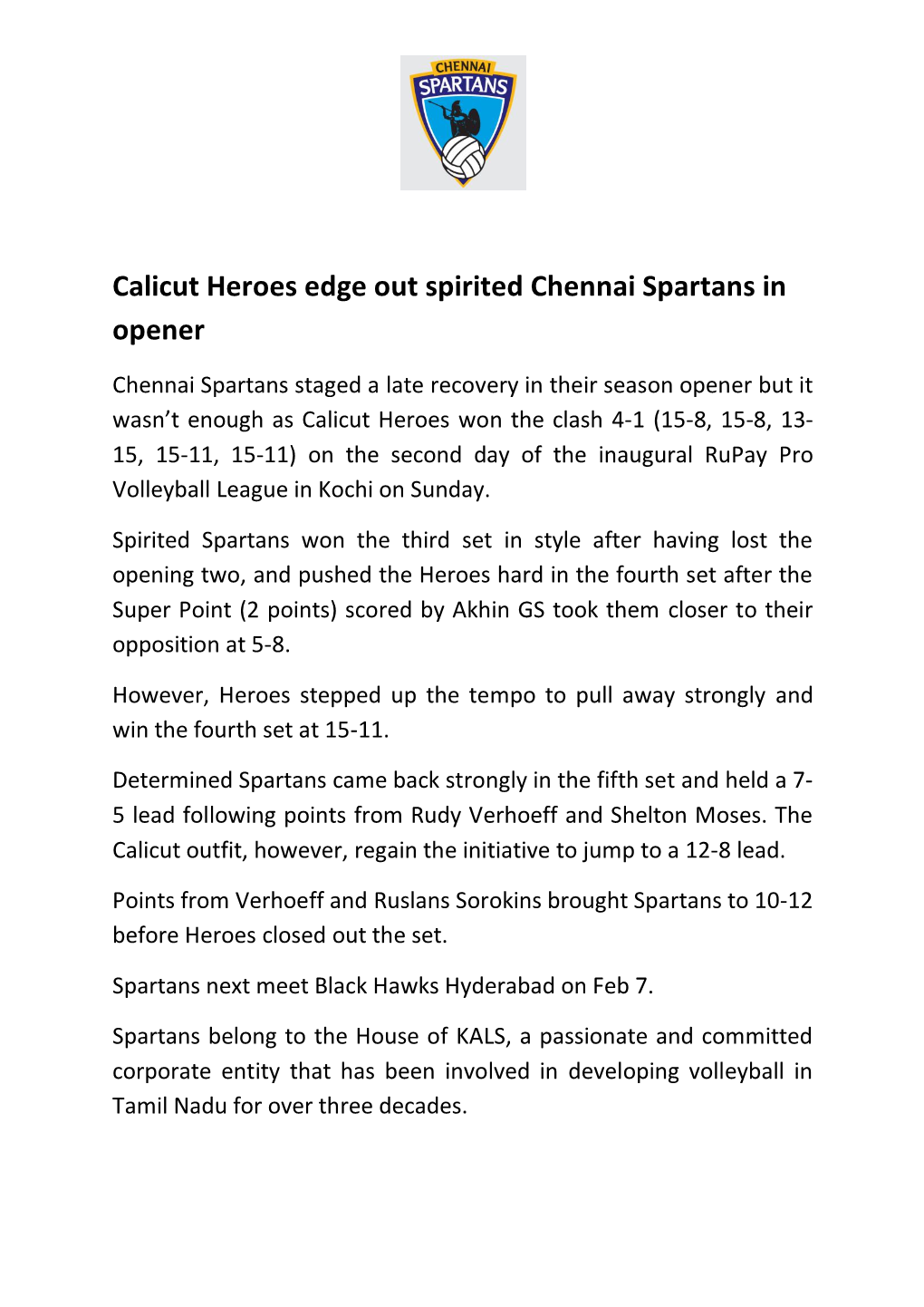 Calicut Heroes Edge out Spirited Chennai Spartans in Opener