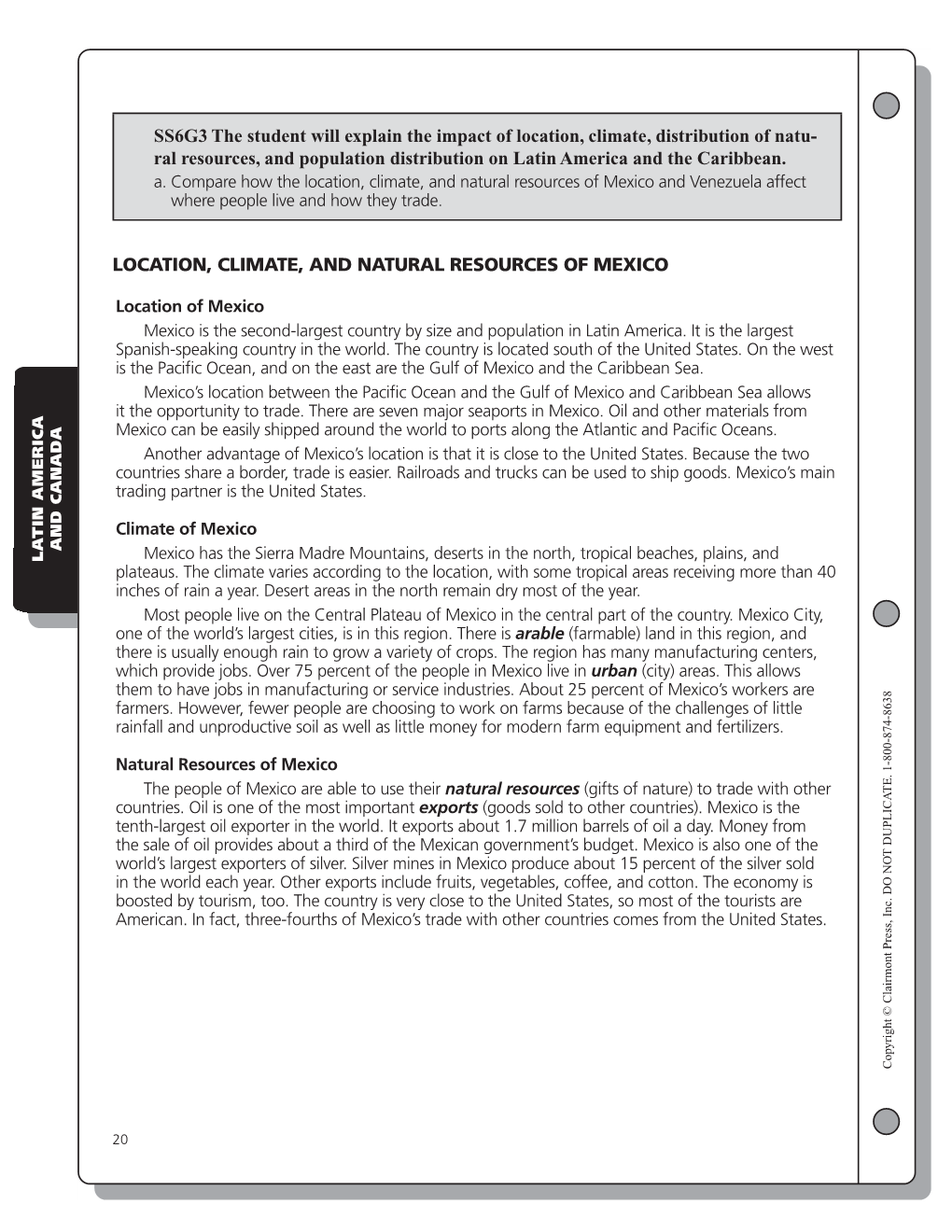 SS6G3 the Student Will Explain the Impact of Location, Climate, Distribution of Natu- Ral Resources, and Population Distribution on Latin America and the Caribbean