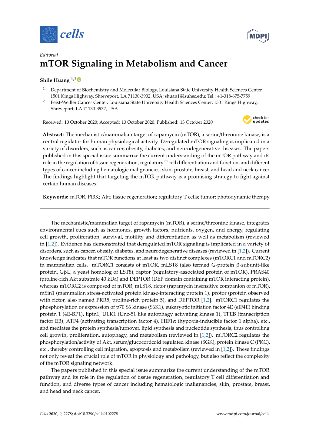 Mtor Signaling in Metabolism and Cancer